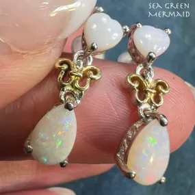 Australian Opal Heart   Teardrop Dangle Earrings in Sterling Silver