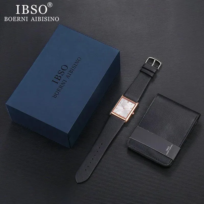 IBSO Men's Rectangle Ultra-thin Quartz Wallet Watches Gift Set For Him