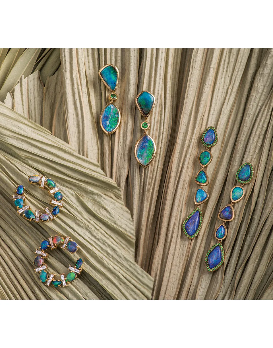 Opal and Diamond Crescent Hoop Earrings