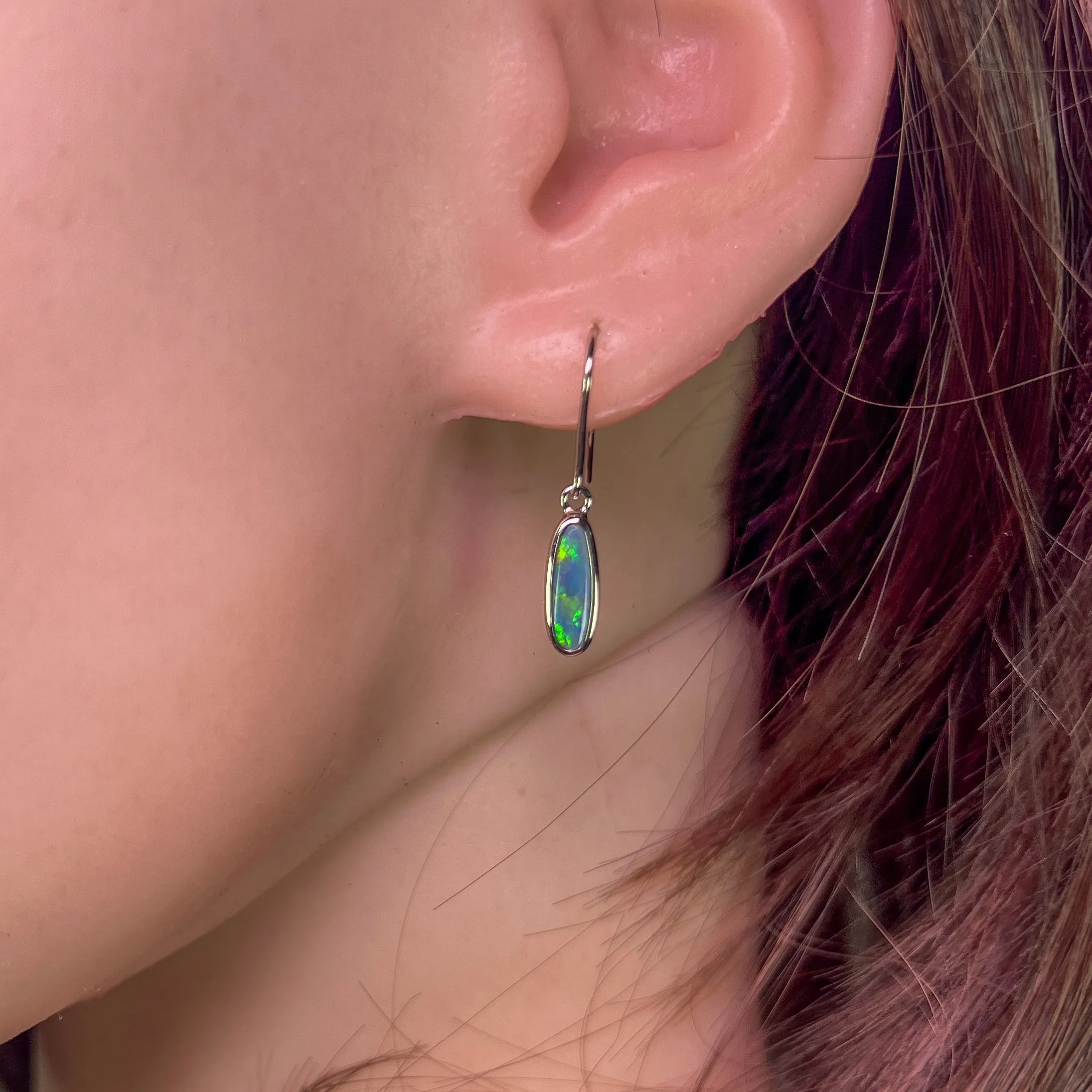 Sterling Silver dangling Black Opal Green Oval earrings